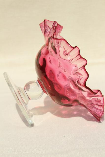 photo of vintage cranberry thumbprint glass candy dish w/ crimped edge, clear glass stem #4