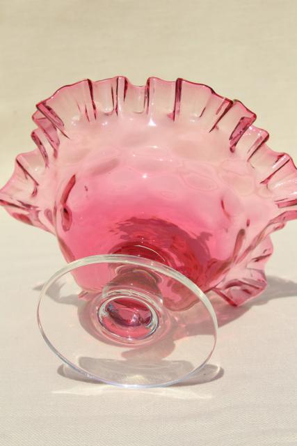 photo of vintage cranberry thumbprint glass candy dish w/ crimped edge, clear glass stem #5