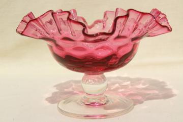 catalog photo of vintage cranberry thumbprint glass candy dish w/ crimped edge, clear glass stem