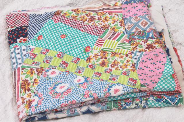 photo of vintage crazy quilt w/ all cotton prints, fun cottage style bohemian retro bed cover #8