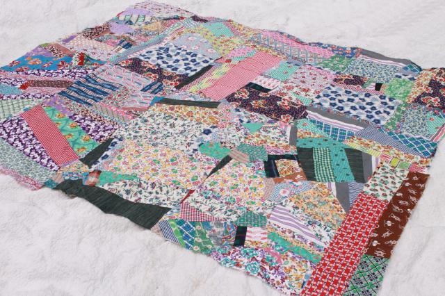 photo of vintage crazy quilt w/ all cotton prints, fun cottage style bohemian retro bed cover #10