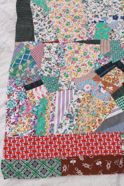 photo of vintage crazy quilt w/ all cotton prints, fun cottage style bohemian retro bed cover #12