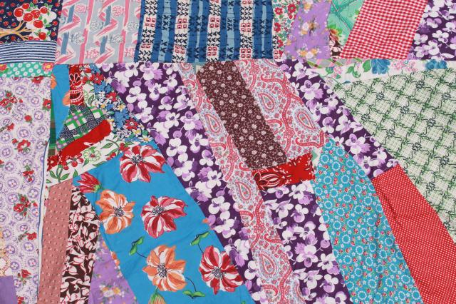 photo of vintage crazy quilt w/ all cotton prints, fun cottage style bohemian retro bed cover #15