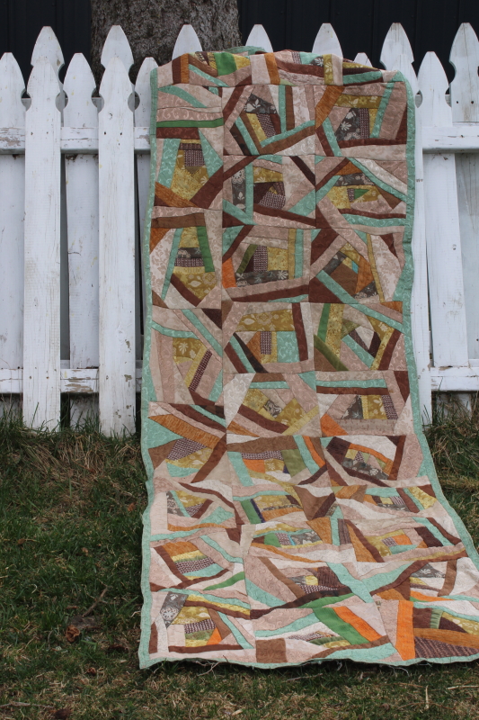 photo of vintage crazy quilt patchwork blocks tapestry runner, mod abstract art made from brocade upholstery fabric #1