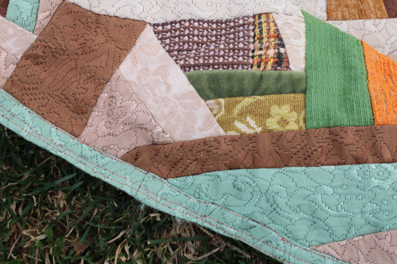 photo of vintage crazy quilt patchwork blocks tapestry runner, mod abstract art made from brocade upholstery fabric #3