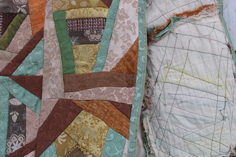 photo of vintage crazy quilt patchwork blocks tapestry runner, mod abstract art made from brocade upholstery fabric #8