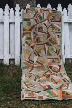 photo of vintage crazy quilt patchwork blocks tapestry runner, mod abstract art made from brocade upholstery fabric