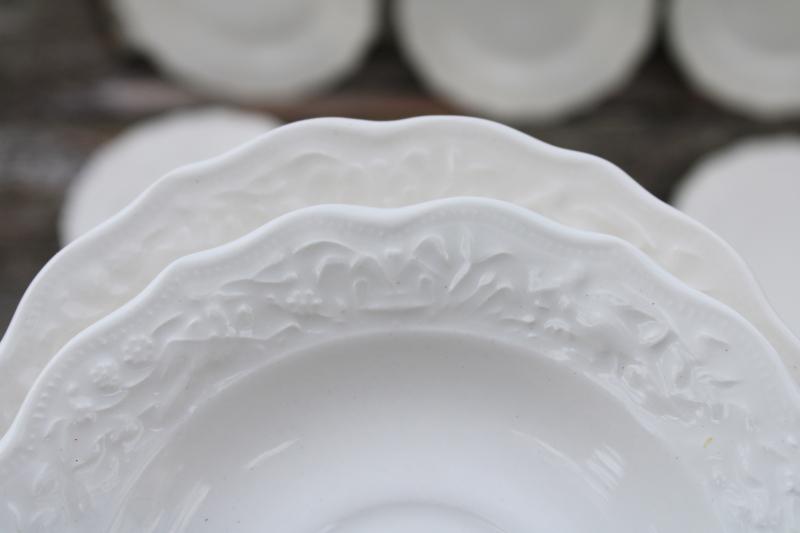 photo of vintage creamware china cup saucer plate trios w/ embossed border, 1950s Vogue Mt Clemens pottery #2