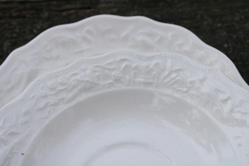 photo of vintage creamware china cup saucer plate trios w/ embossed border, 1950s Vogue Mt Clemens pottery #3