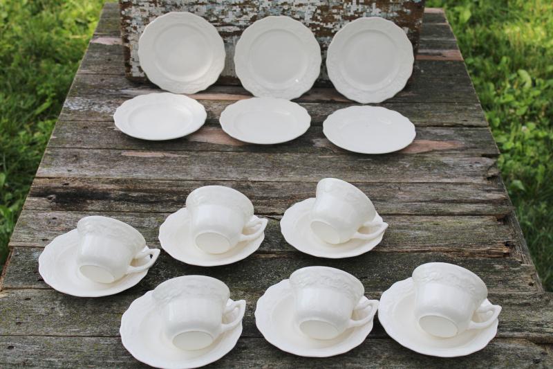 photo of vintage creamware china cup saucer plate trios w/ embossed border, 1950s Vogue Mt Clemens pottery #7