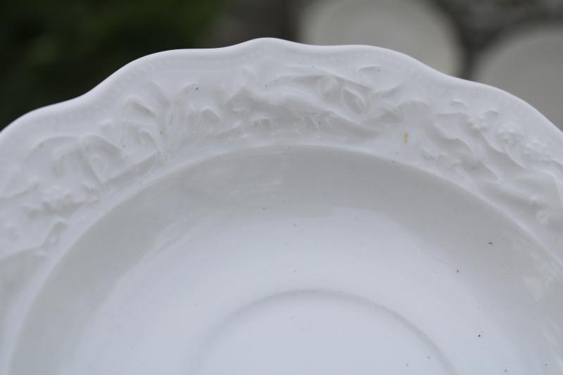 photo of vintage creamware china cup saucer plate trios w/ embossed border, 1950s Vogue Mt Clemens pottery #10