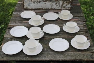 photo of vintage creamware china cup saucer plate trios w/ embossed border, 1950s Vogue Mt Clemens pottery