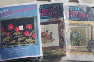 catalog photo of vintage creative needlecraft crewel embroidery kits w/ wool yarn & stamped fabric