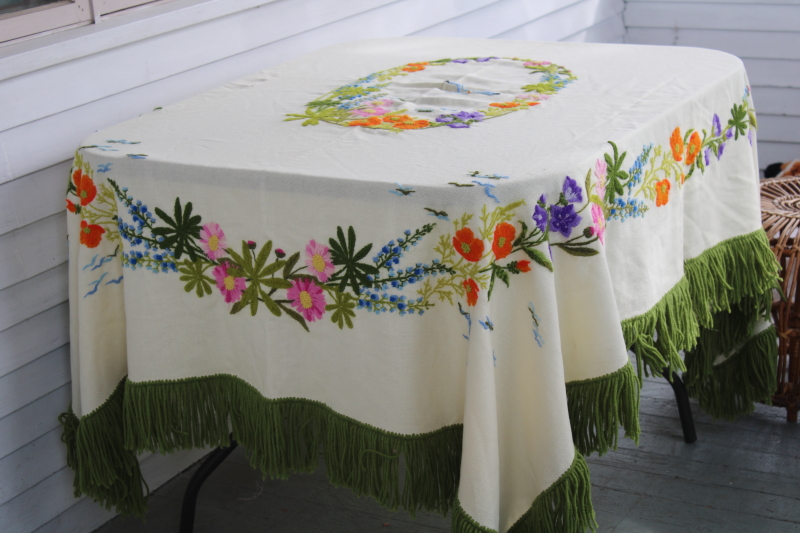 photo of vintage crewel embroidery fringed wool shawl table cover, bohemian tablecloth w/ colorful flowers #1