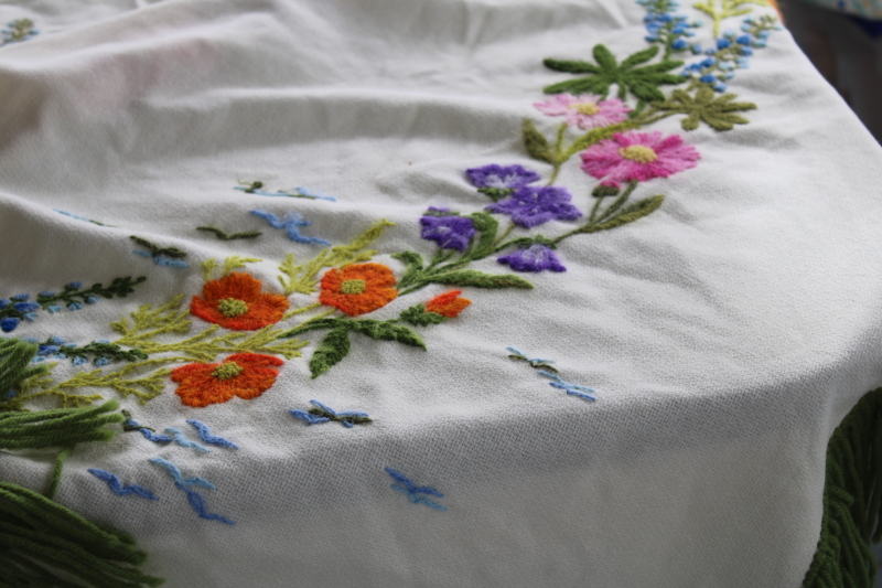 photo of vintage crewel embroidery fringed wool shawl table cover, bohemian tablecloth w/ colorful flowers #3