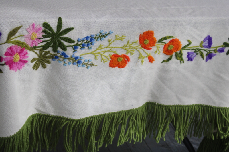 photo of vintage crewel embroidery fringed wool shawl table cover, bohemian tablecloth w/ colorful flowers #7