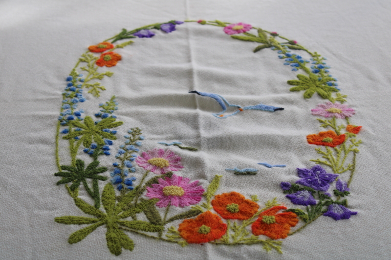 photo of vintage crewel embroidery fringed wool shawl table cover, bohemian tablecloth w/ colorful flowers #8