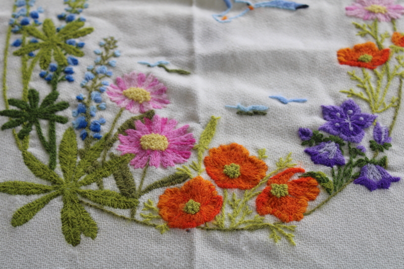 photo of vintage crewel embroidery fringed wool shawl table cover, bohemian tablecloth w/ colorful flowers #9