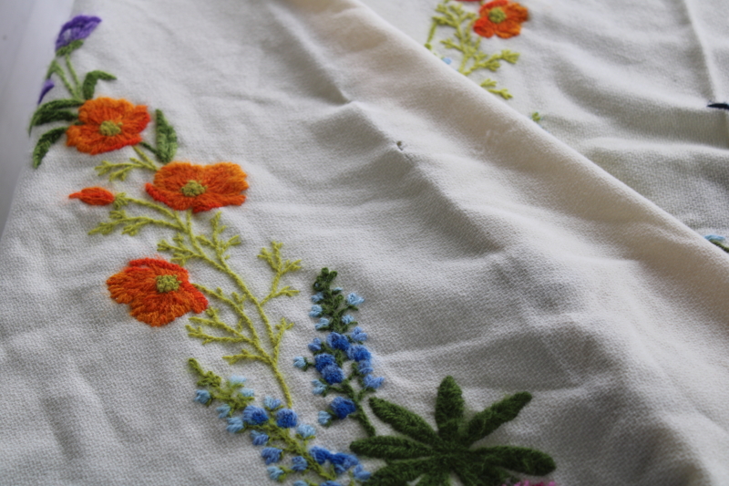 photo of vintage crewel embroidery fringed wool shawl table cover, bohemian tablecloth w/ colorful flowers #11