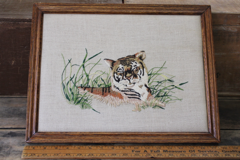 photo of vintage crewel embroidery, hand stitched tiger embroidered wool on linen #1