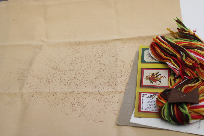 photo of vintage crewel embroidery kit, 70s floral bouquet stamped fabric canvas yarns & chart #1