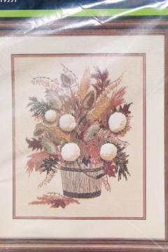 catalog photo of vintage crewel embroidery kit, Autumn Bouquet in rustic natural colors wool yarn