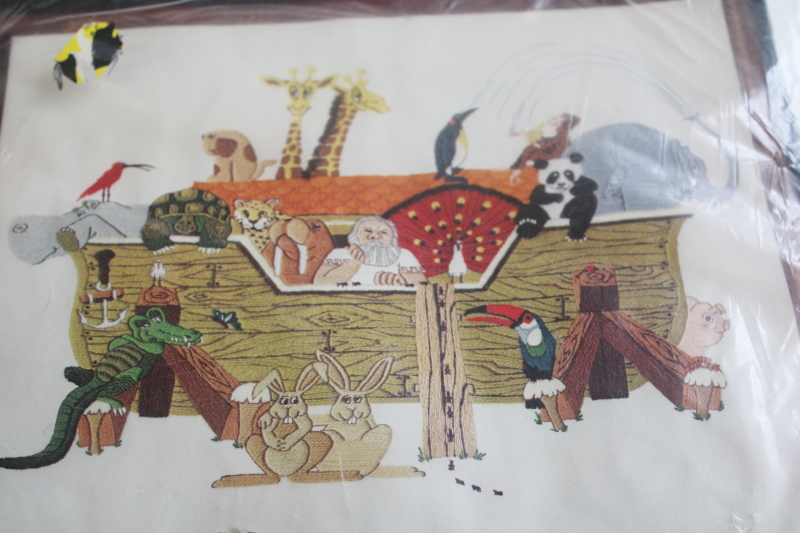 photo of vintage crewel embroidery kit Noah's Ark, printed fabric canvas, wool yarns  #2