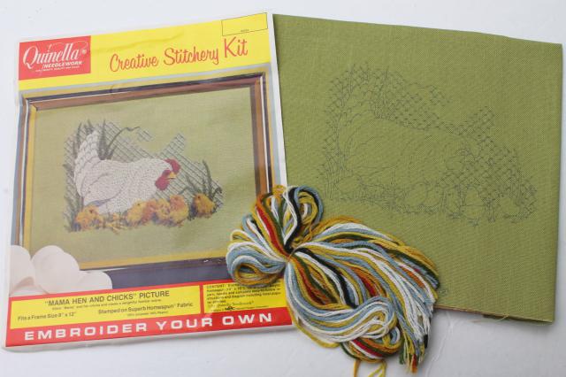 photo of vintage crewel embroidery kit w/ stamped fabric & yarn, mama hen & baby chicks chickens  #1