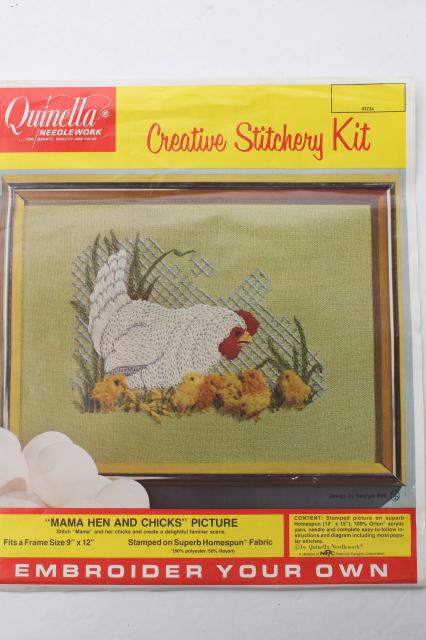 photo of vintage crewel embroidery kit w/ stamped fabric & yarn, mama hen & baby chicks chickens  #4