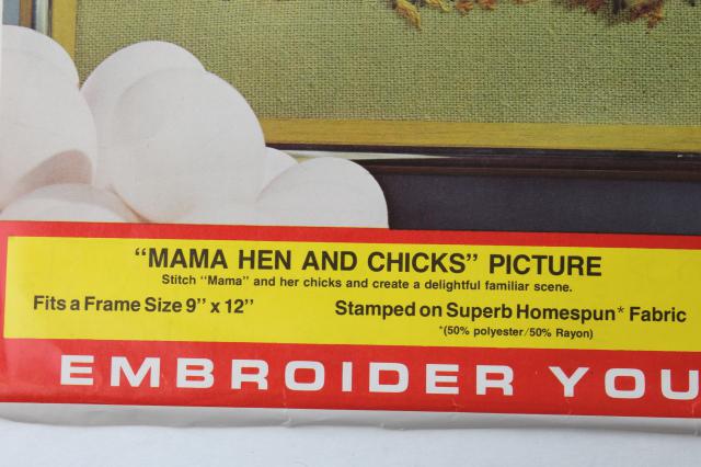 photo of vintage crewel embroidery kit w/ stamped fabric & yarn, mama hen & baby chicks chickens  #6