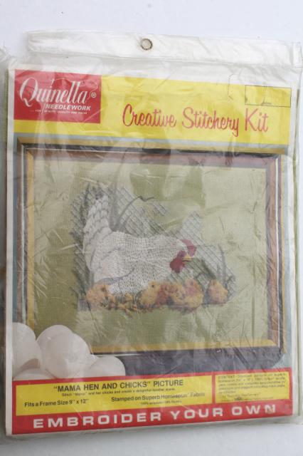 photo of vintage crewel embroidery kit w/ stamped fabric & yarn, mama hen & baby chicks chickens  #7