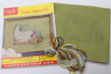 catalog photo of vintage crewel embroidery kit w/ stamped fabric & yarn, mama hen & baby chicks chickens 