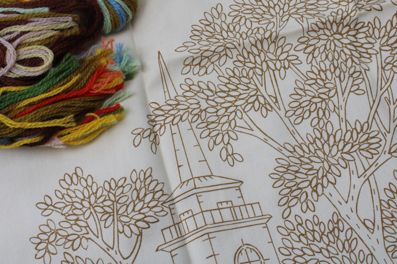 photo of vintage crewel embroidery kit yarn w/ stamped fabric autumn scene Little Church By The Lake #2