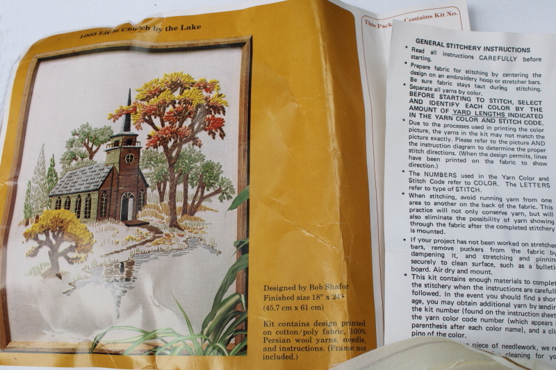 photo of vintage crewel embroidery kit yarn w/ stamped fabric autumn scene Little Church By The Lake #4