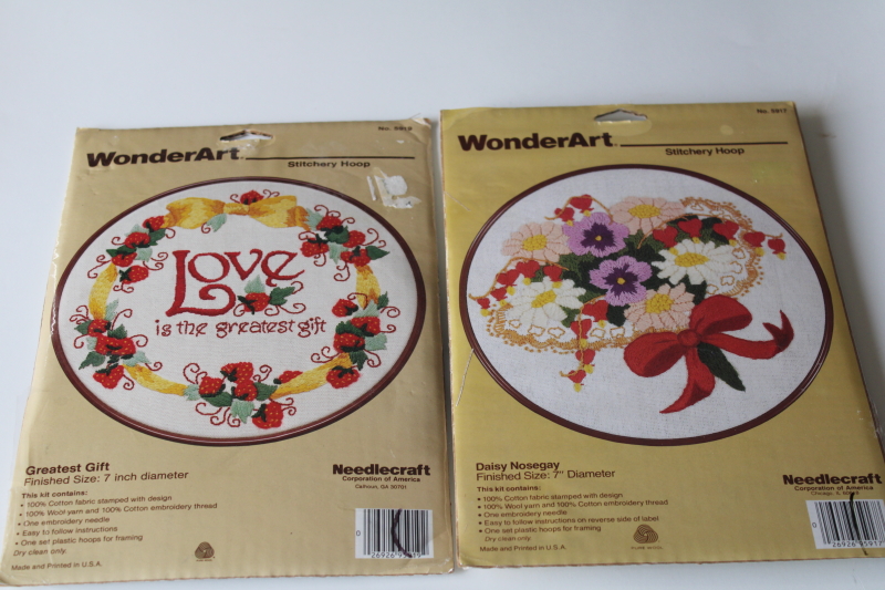 photo of vintage crewel embroidery kits, flowers, strawberry love w/ hoop frames stamped fabric & yarn #1