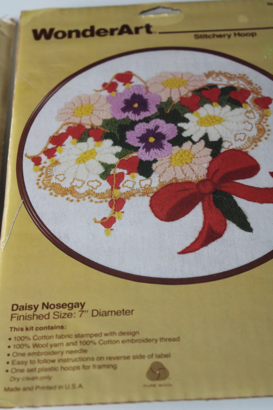 photo of vintage crewel embroidery kits, flowers, strawberry love w/ hoop frames stamped fabric & yarn #2