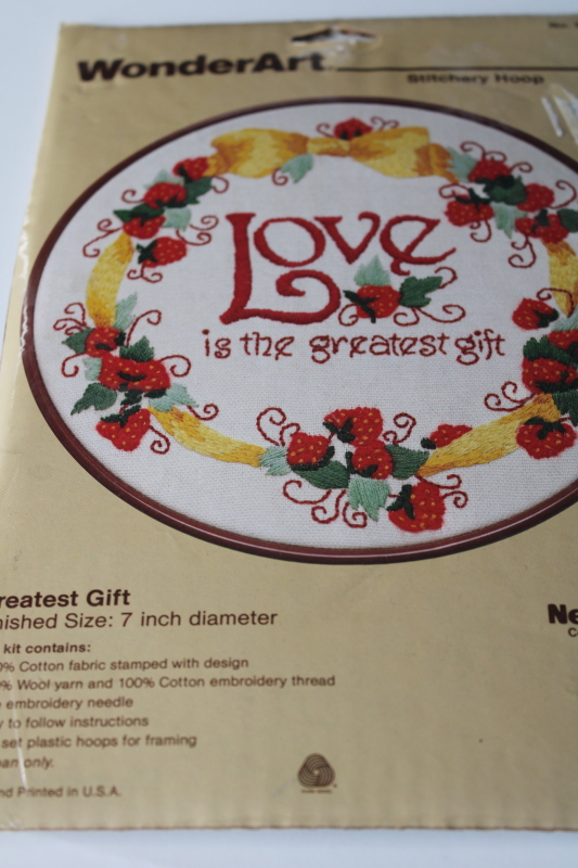 photo of vintage crewel embroidery kits, flowers, strawberry love w/ hoop frames stamped fabric & yarn #3