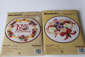 catalog photo of vintage crewel embroidery kits, flowers, strawberry love w/ hoop frames stamped fabric & yarn