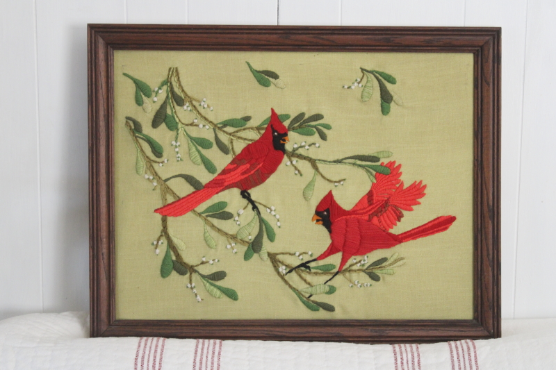 photo of vintage crewel embroidery on linen, framed picture red cardinal birds on green winter holiday decor #1