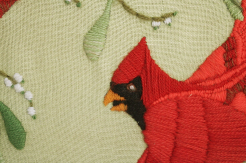 photo of vintage crewel embroidery on linen, framed picture red cardinal birds on green winter holiday decor #3