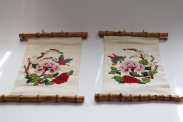 catalog photo of vintage crewel embroidery pictures, pair of wall art hangings bell pull style bamboo frames 