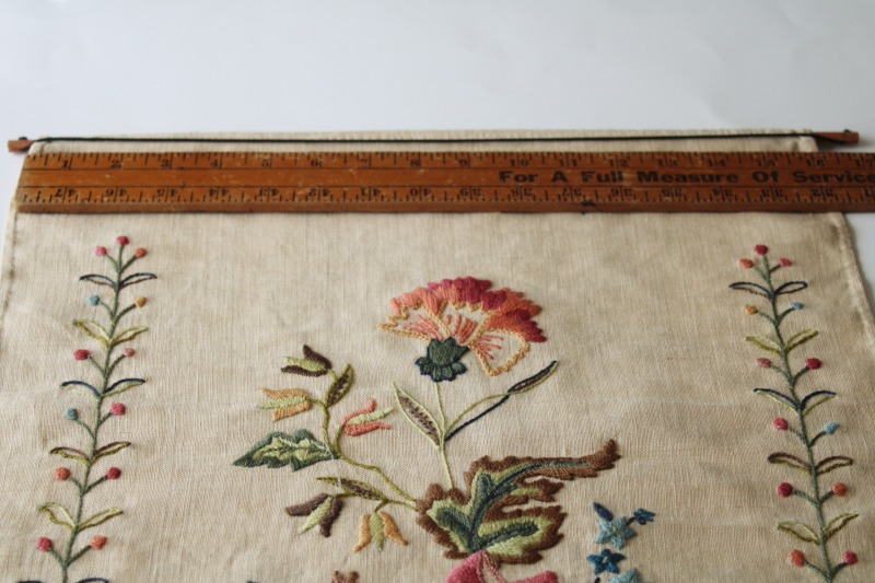 photo of vintage crewel embroidery wall hanging, flax linen banner w/ hand stitched jacobean floral #2