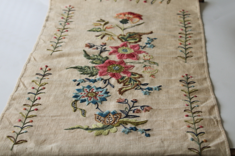 photo of vintage crewel embroidery wall hanging, flax linen banner w/ hand stitched jacobean floral #3