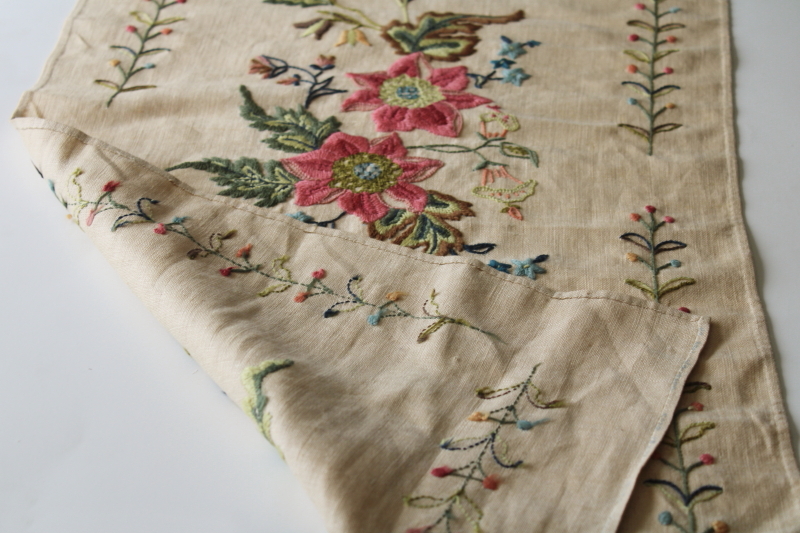 photo of vintage crewel embroidery wall hanging, flax linen banner w/ hand stitched jacobean floral #4