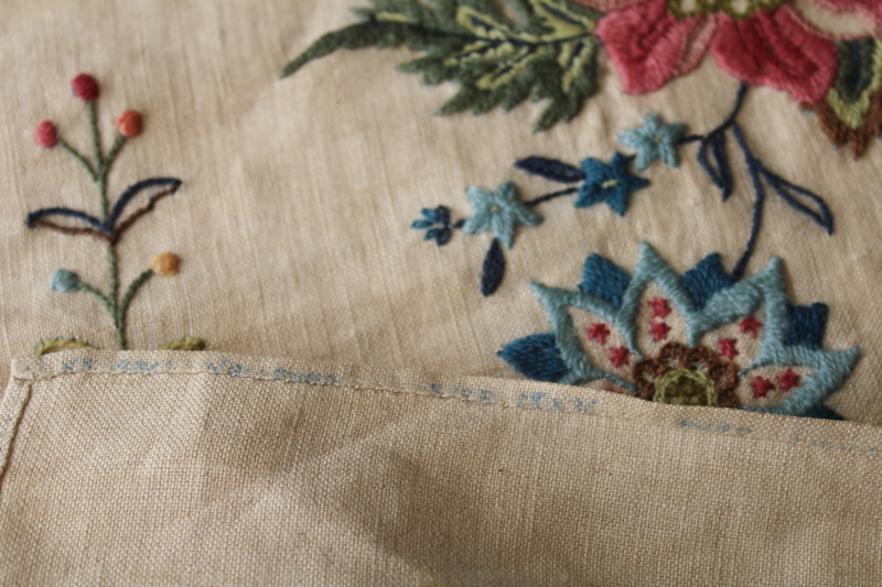 photo of vintage crewel embroidery wall hanging, flax linen banner w/ hand stitched jacobean floral #5