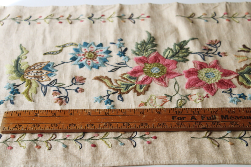 photo of vintage crewel embroidery wall hanging, flax linen banner w/ hand stitched jacobean floral #6