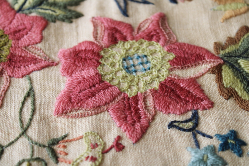 photo of vintage crewel embroidery wall hanging, flax linen banner w/ hand stitched jacobean floral #7