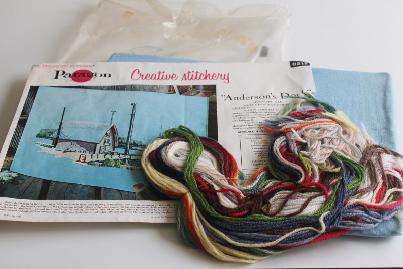 photo of vintage crewel wool embroidery Paragon stitchery kit, Door County dock scene picture  #1