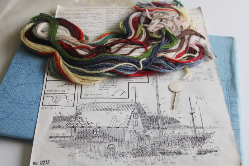 photo of vintage crewel wool embroidery Paragon stitchery kit, Door County dock scene picture  #4