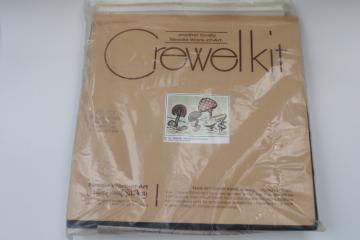 catalog photo of vintage crewel wool embroidery kit, retro mushrooms design in earth tone neutral colors